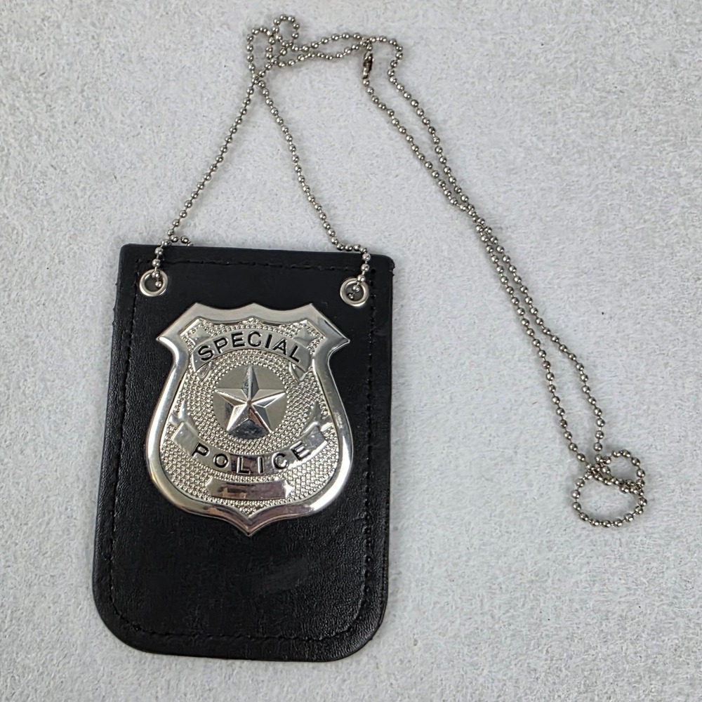 Special Police Toy Badge with Leather Holder and Neck Chain Silver Costume Star